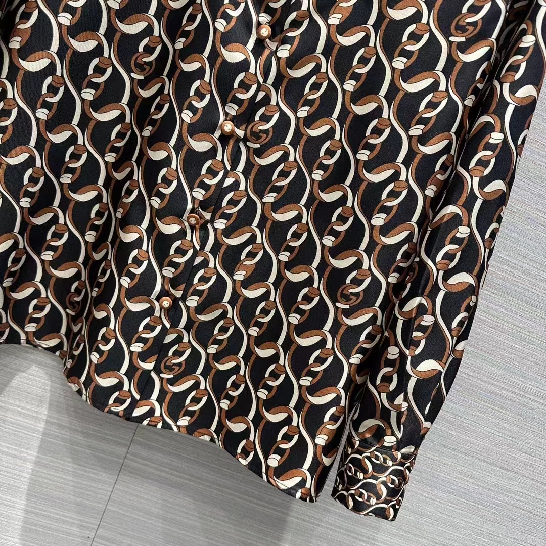 G*u*i gg women interlocking g chain print silk shirt point collar long sleeves