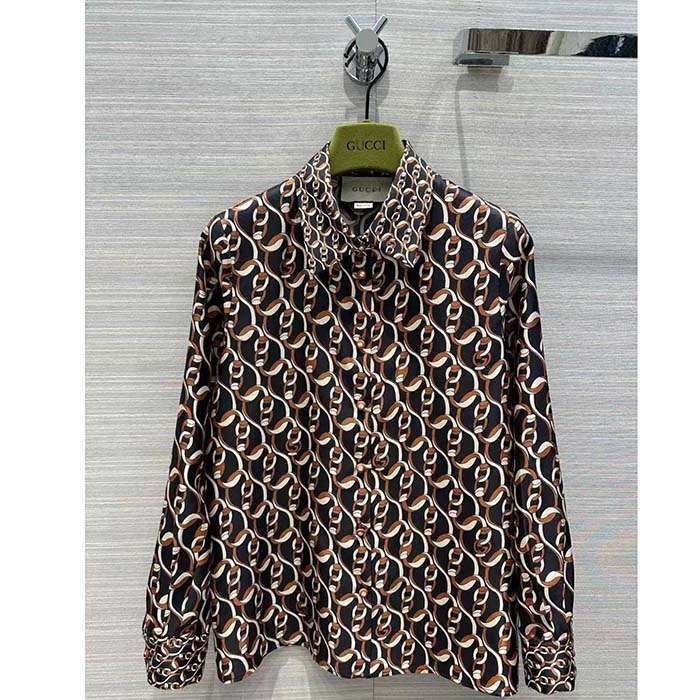 G*u*i gg women interlocking g chain print silk shirt point collar long sleeves