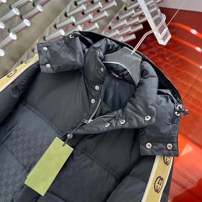 G*u*i men gg black jacquard nylon padded coat camel brown interlocking g stripe down goose feather