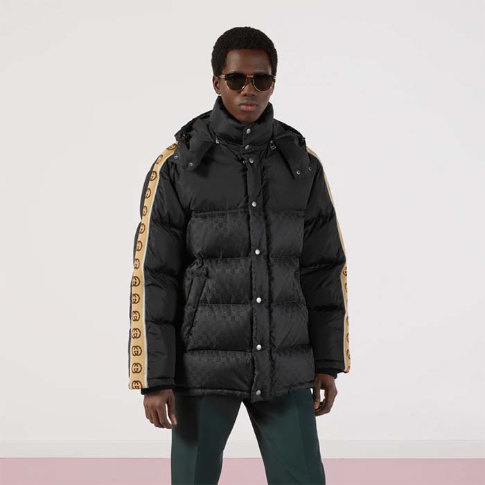 G*u*i men gg black jacquard nylon padded coat camel brown interlocking g stripe down goose feather