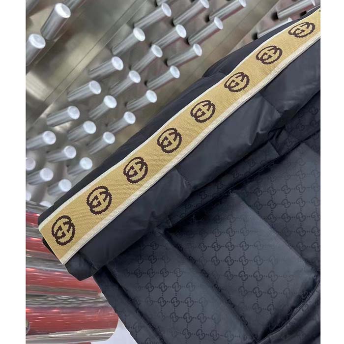 G*u*i men gg black jacquard nylon padded coat camel brown interlocking g stripe down goose feather