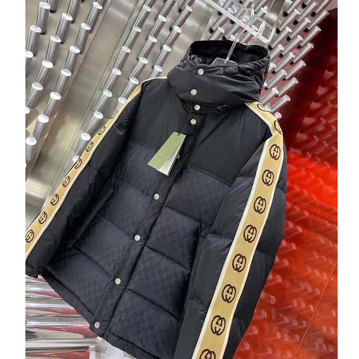 G*u*i men gg black jacquard nylon padded coat camel brown interlocking g stripe down goose feather