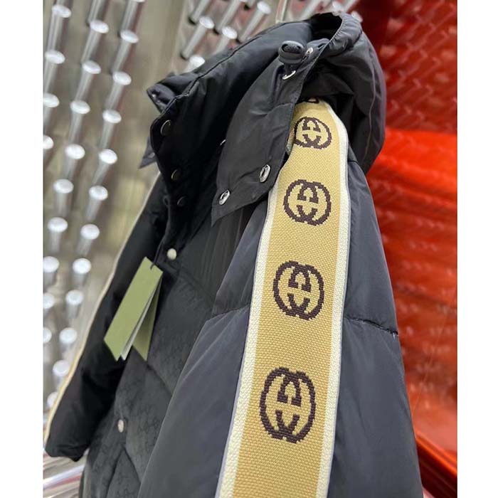G*u*i men gg black jacquard nylon padded coat camel brown interlocking g stripe down goose feather