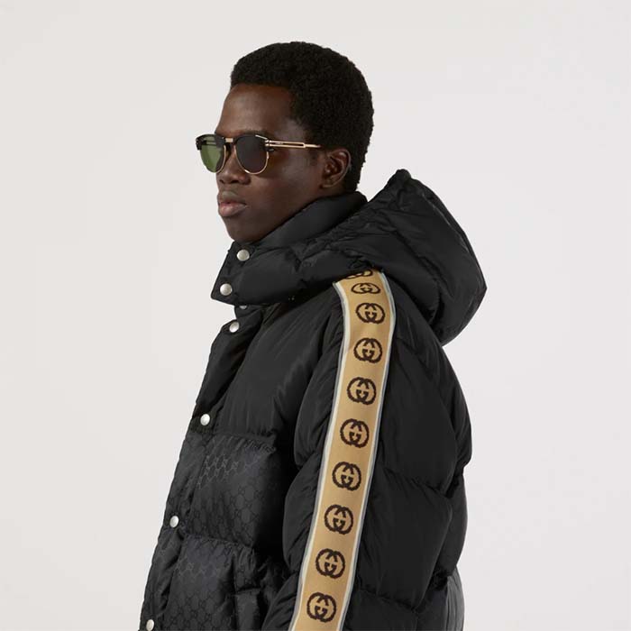 G*u*i men gg black jacquard nylon padded coat camel brown interlocking g stripe down goose feather