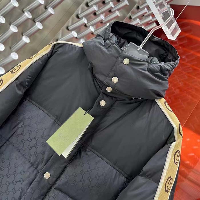 G*u*i men gg black jacquard nylon padded coat camel brown interlocking g stripe down goose feather