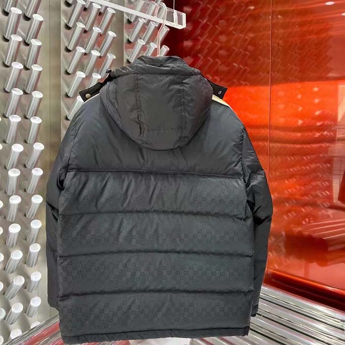 G*u*i men gg black jacquard nylon padded coat camel brown interlocking g stripe down goose feather