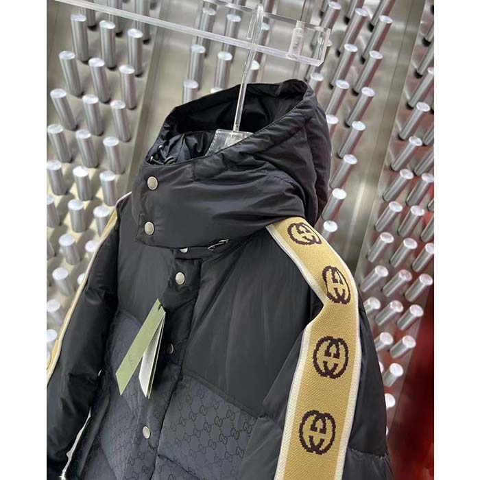 G*u*i men gg black jacquard nylon padded coat camel brown interlocking g stripe down goose feather