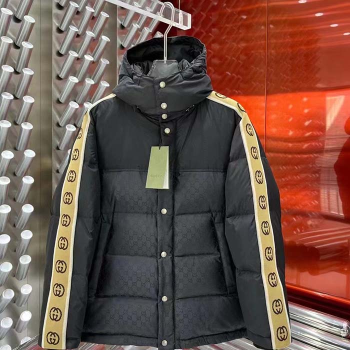 G*u*i men gg black jacquard nylon padded coat camel brown interlocking g stripe down goose feather