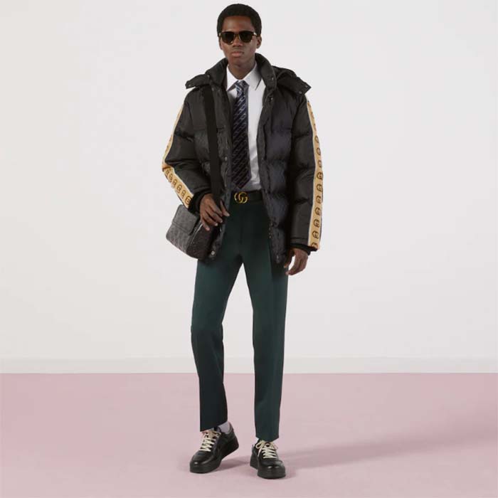 G*u*i men gg black jacquard nylon padded coat camel brown interlocking g stripe down goose feather