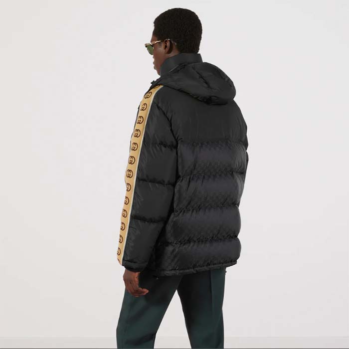 G*u*i men gg black jacquard nylon padded coat camel brown interlocking g stripe down goose feather