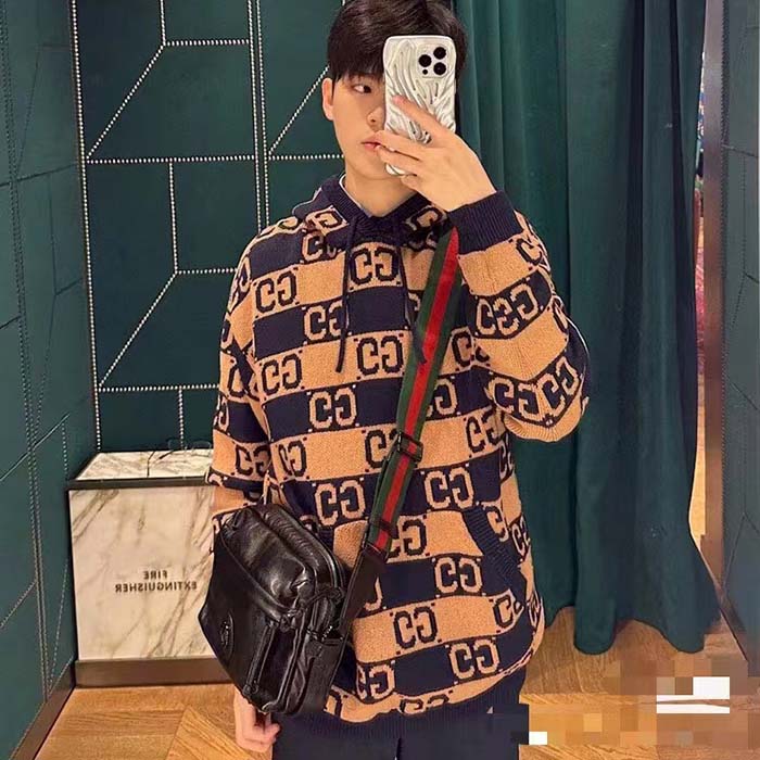 G*u*i men gg cotton jacquard hooded sweater beige dark blue dropped shoulder kangaroo pocket