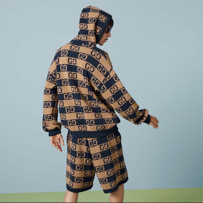 G*u*i men gg cotton jacquard hooded sweater beige dark blue dropped shoulder kangaroo pocket