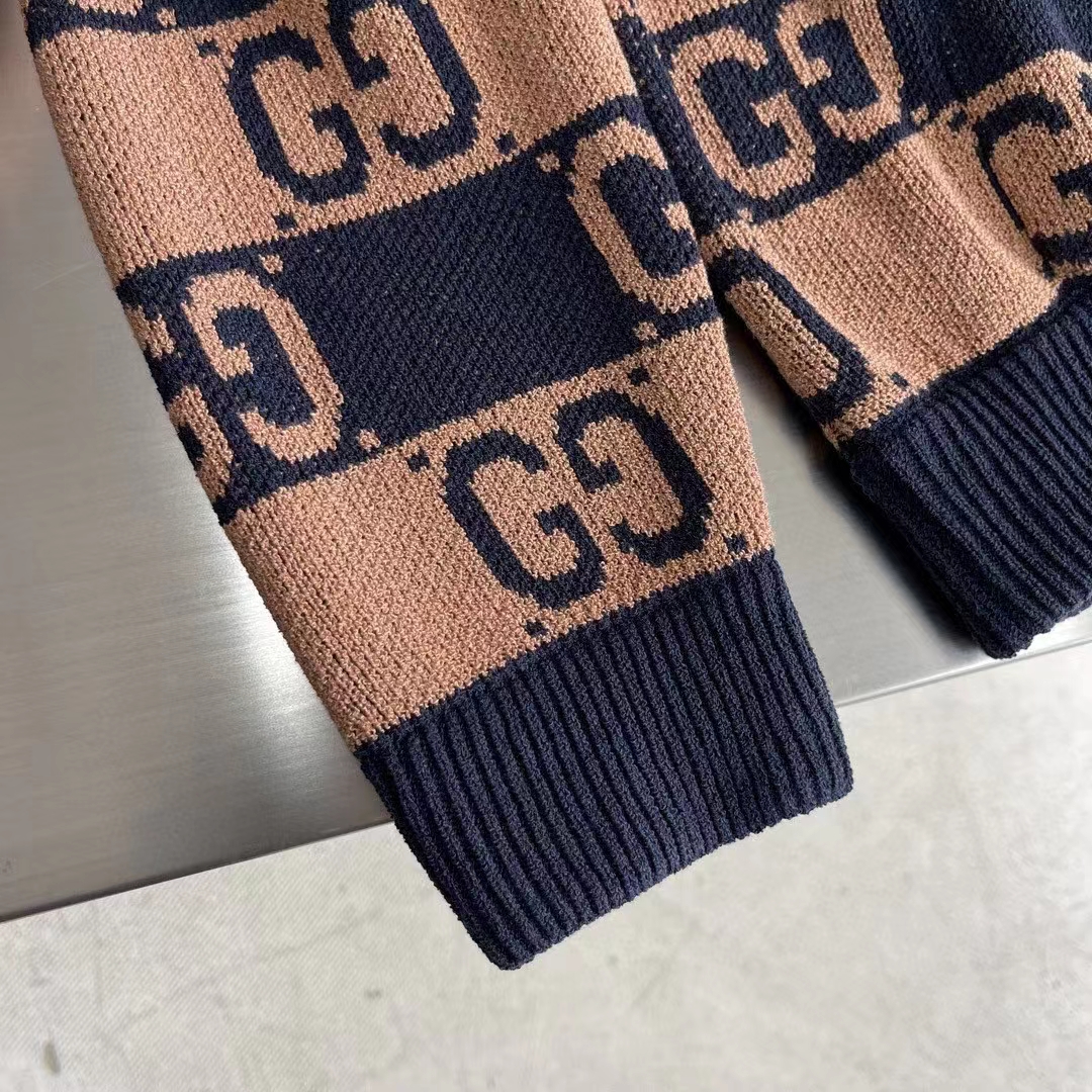 G*u*i men gg cotton jacquard hooded sweater beige dark blue dropped shoulder kangaroo pocket