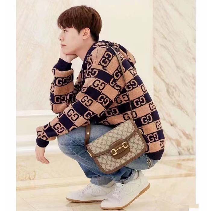 G*u*i men gg cotton jacquard hooded sweater beige dark blue dropped shoulder kangaroo pocket