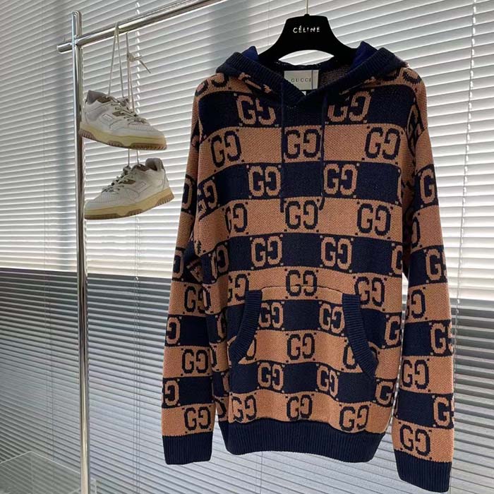 G*u*i men gg cotton jacquard hooded sweater beige dark blue dropped shoulder kangaroo pocket