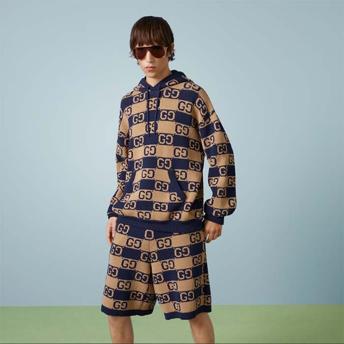 G*u*i men gg cotton jacquard hooded sweater beige dark blue dropped shoulder kangaroo pocket