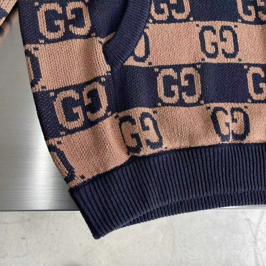 G*u*i men gg cotton jacquard hooded sweater beige dark blue dropped shoulder kangaroo pocket