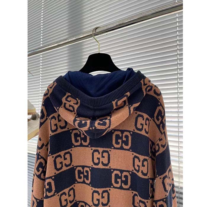 G*u*i men gg cotton jacquard hooded sweater beige dark blue dropped shoulder kangaroo pocket