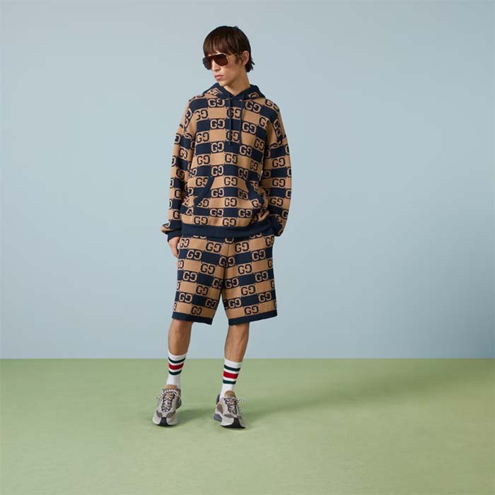 G*u*i men gg cotton jacquard hooded sweater beige dark blue dropped shoulder kangaroo pocket