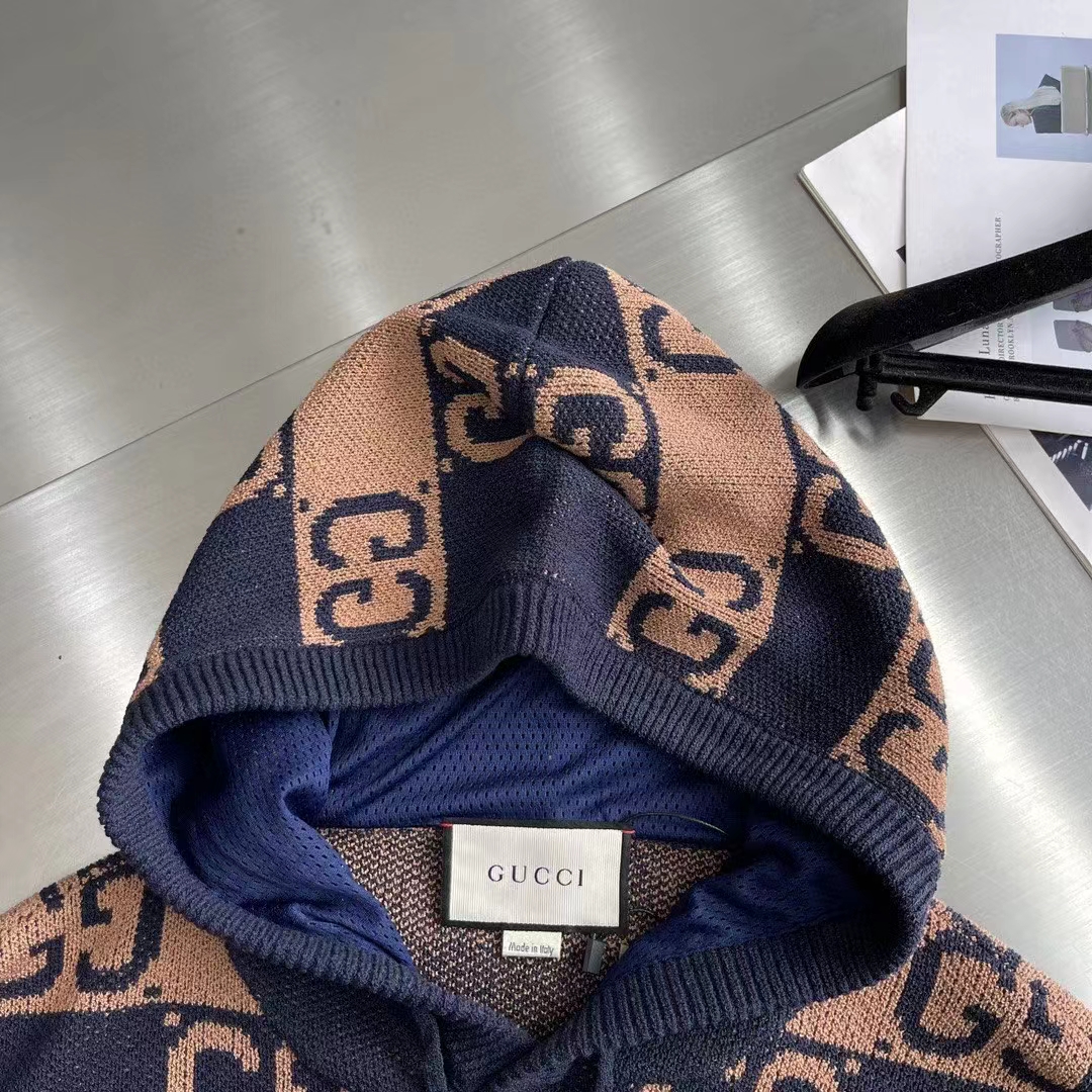 G*u*i men gg cotton jacquard hooded sweater beige dark blue dropped shoulder kangaroo pocket