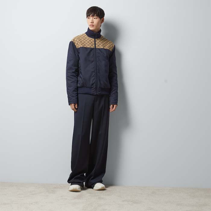 G*u*i men gg nylon canvas zip jacket dark blue interlocking g embroidered high neck