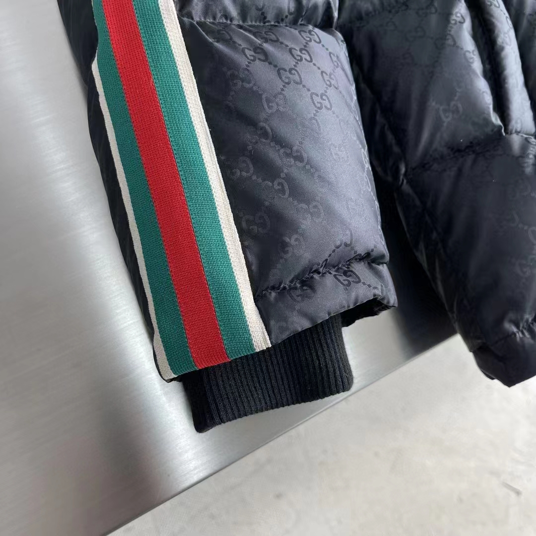 G*u*i men gg nylon jacquard jacket web black stripe lined fixed hood rib cuffs
