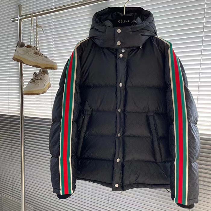 G*u*i men gg nylon jacquard jacket web black stripe lined fixed hood rib cuffs
