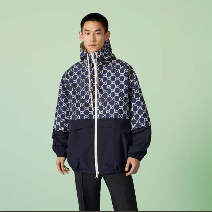 G*u*i men gg ripstop fabric zip jacket blue ivory gg padded detachable sleeves