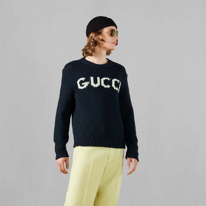 G*u*i men gg wool top G*u*i intarsia black ivory wool crewneck dropped shoulder long sleeves rib