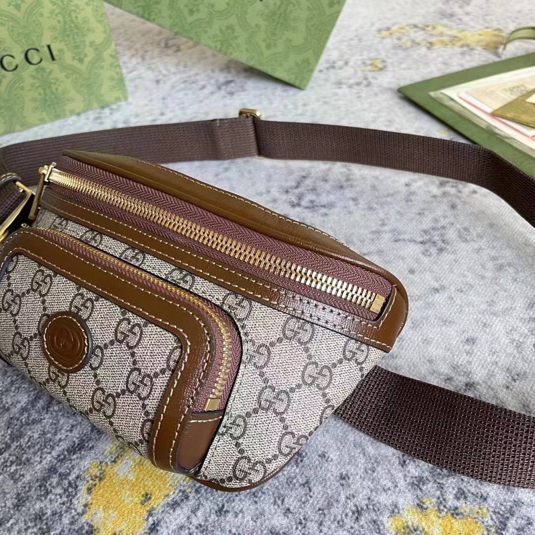 G*u*i unisex belt bag interlocking g beige ebony gg supreme canvas brown leather