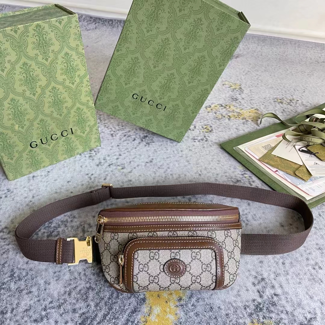 G*u*i unisex belt bag interlocking g beige ebony gg supreme canvas brown leather
