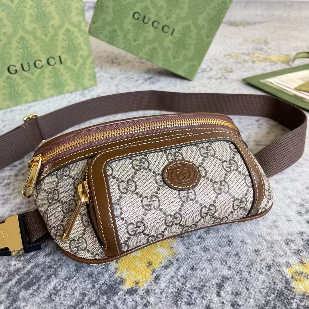 G*u*i unisex belt bag interlocking g beige ebony gg supreme canvas brown leather