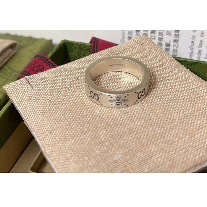 G*u*i unisex gg bee engraved ring 925 sterling silver aged silver-toned hardware