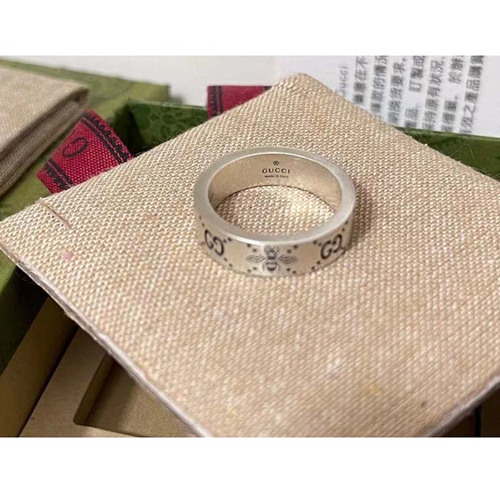 G*u*i unisex gg bee engraved ring 925 sterling silver aged silver-toned hardware