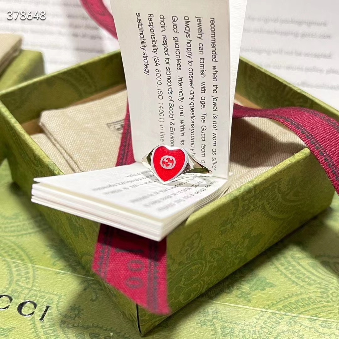 G*u*i unisex gg heart ring interlocking g 925 sterling silver red enamel
