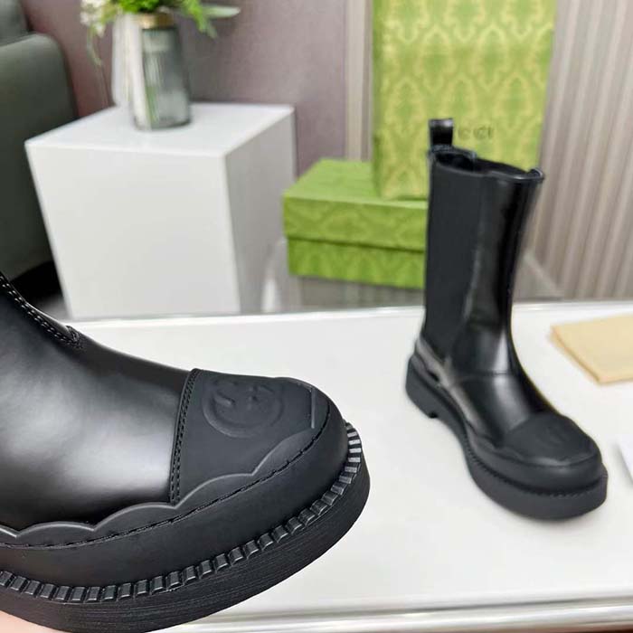 G*u*i unisex gg interlocking g boots black leather rubber sole flat 1.5 cm heel