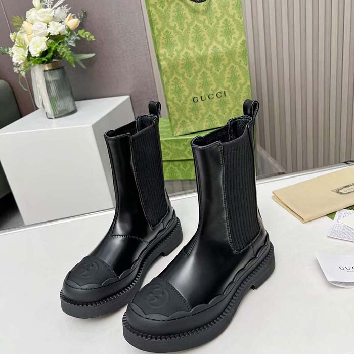 G*u*i unisex gg interlocking g boots black leather rubber sole flat 1.5 cm heel