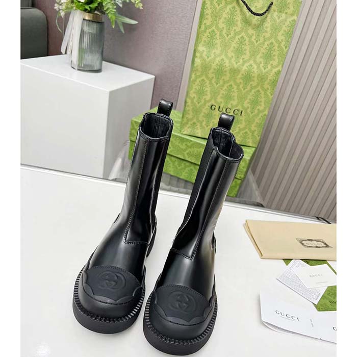 G*u*i unisex gg interlocking g boots black leather rubber sole flat 1.5 cm heel