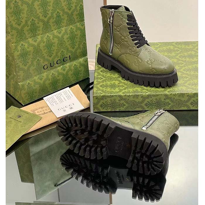 G*u*i unisex gg leather boot dark green rubber lug sole lace-up interlocking g low-heel