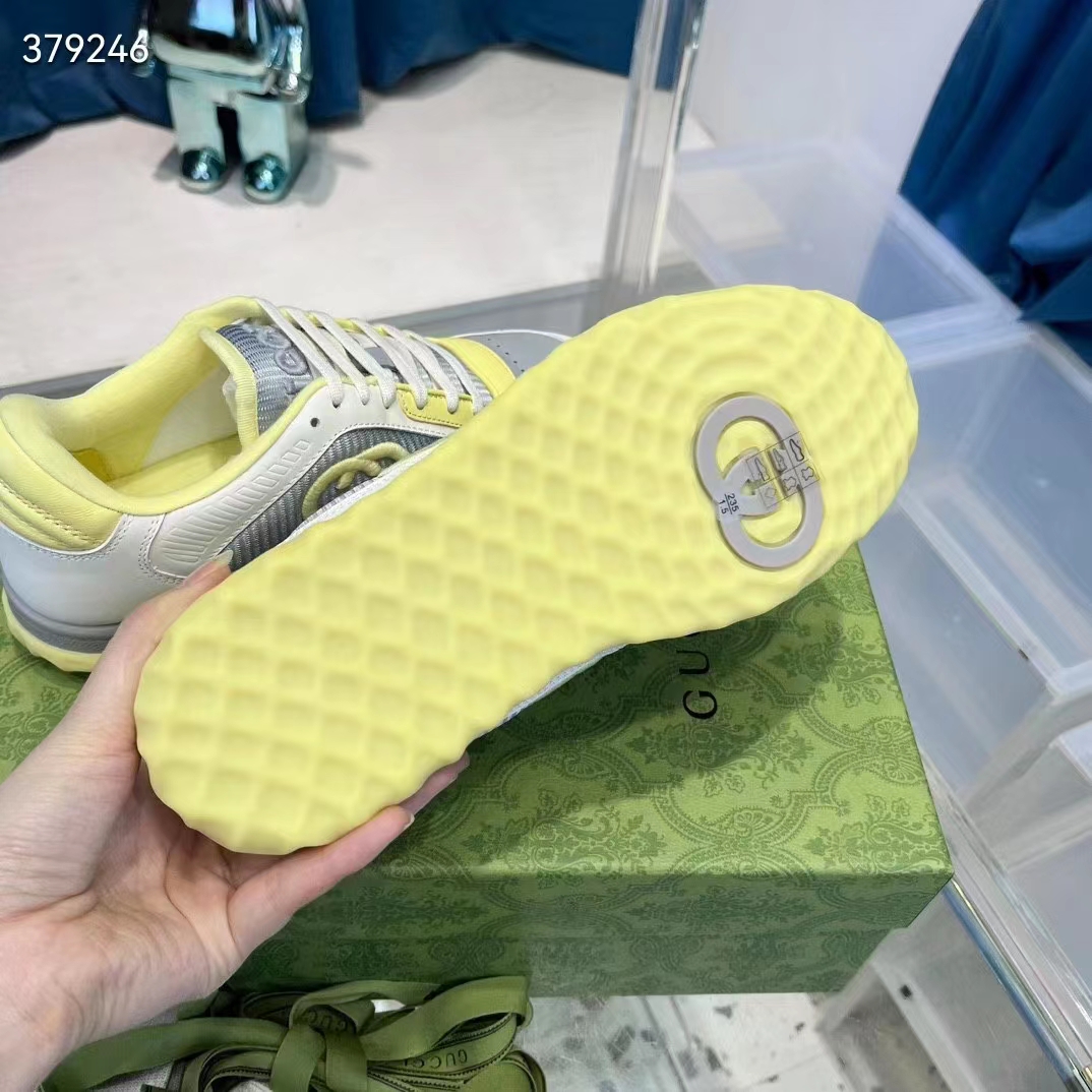 G*u*i unisex gg mac80 sneaker off white yellow leather grey fabric interlocking g round toe rubber flat