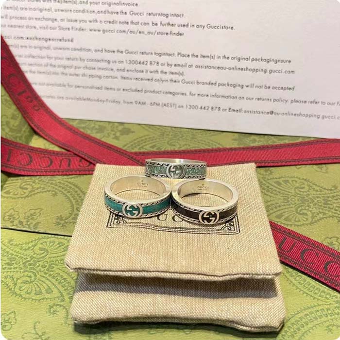 G*u*i unisex gg ring interlocking g 925 sterling silver turquoise enamel textured trim
