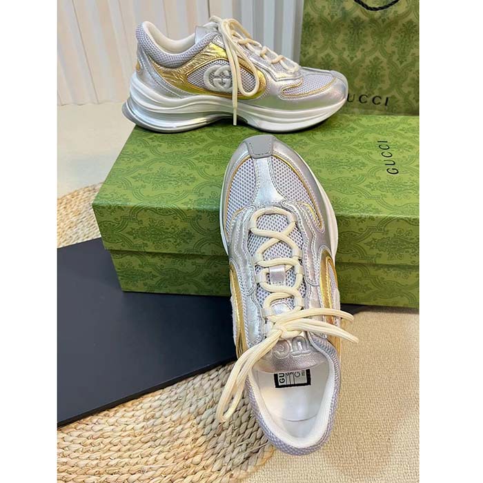 G*u*i unisex run sneaker silver metallic leather interlocking g bi-color rubbe low heel