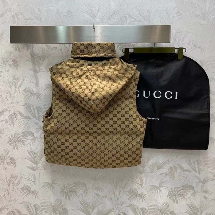 G*u*i women canvas padded gilet gg canvas lined concealed hood high neck sleeveless
