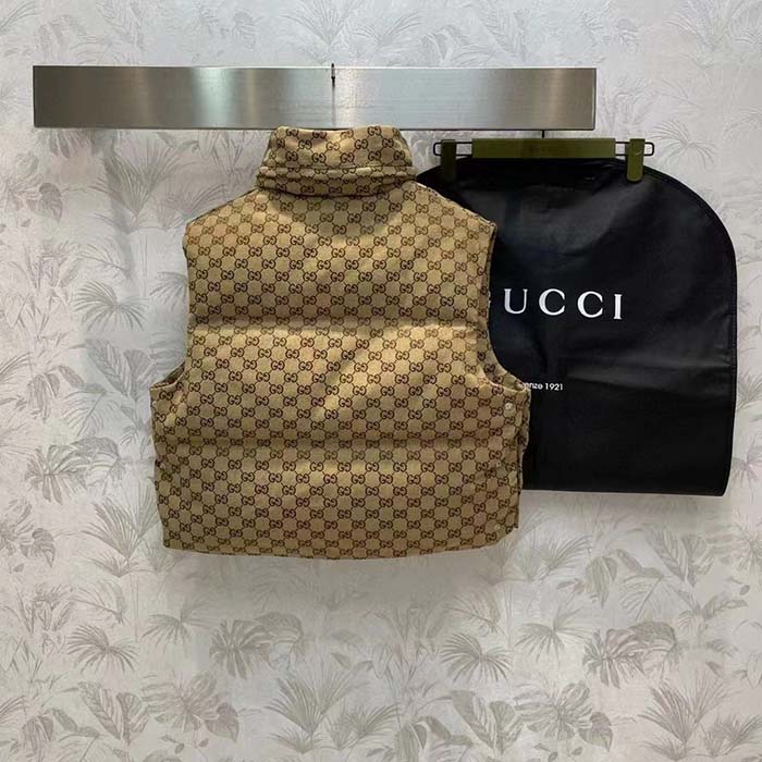 G*u*i women canvas padded gilet gg canvas lined concealed hood high neck sleeveless