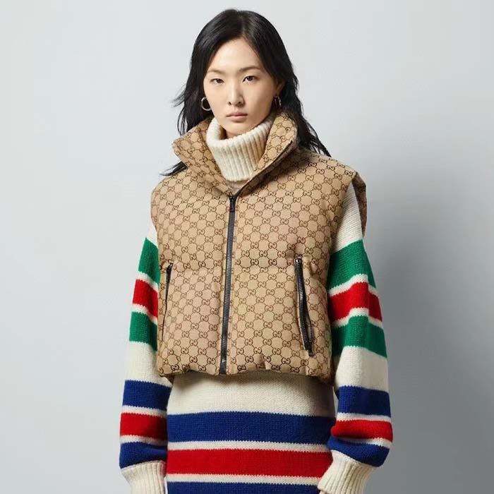 G*u*i women canvas padded gilet gg canvas lined concealed hood high neck sleeveless