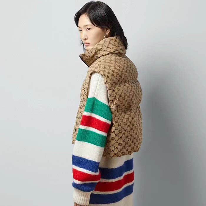 G*u*i women canvas padded gilet gg canvas lined concealed hood high neck sleeveless