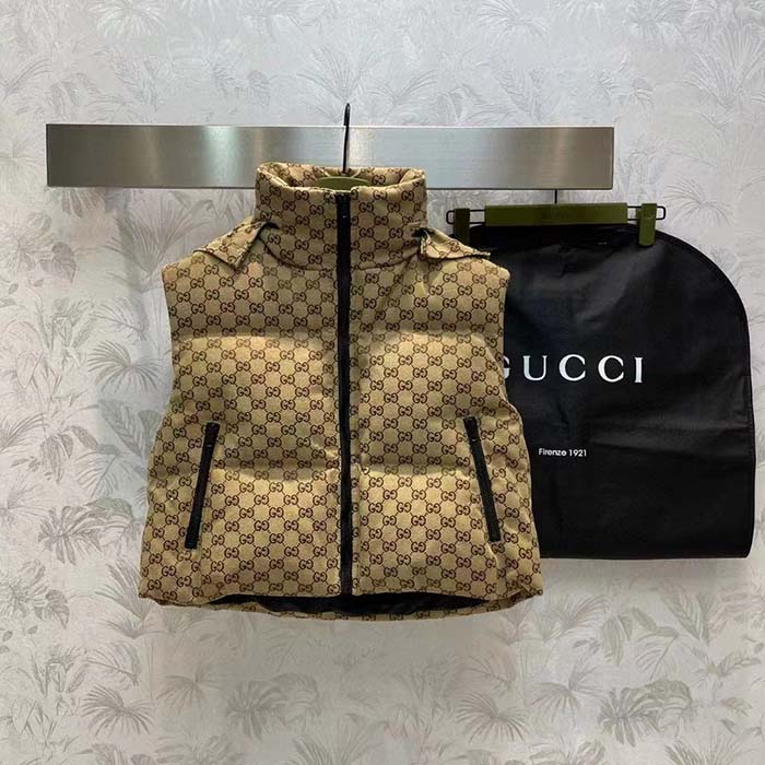 G*u*i women canvas padded gilet gg canvas lined concealed hood high neck sleeveless