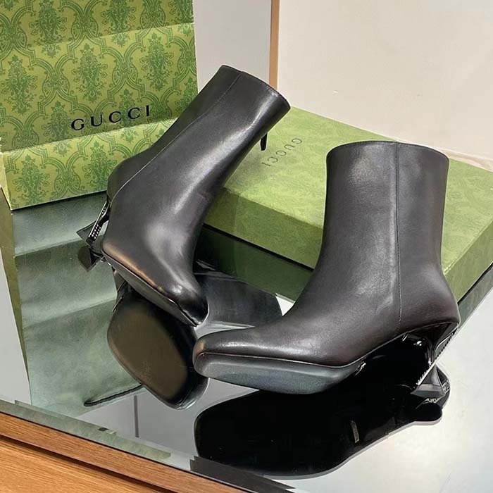 G*u*i women gg ankle boot black leather geometric heel metal inserts high-heel