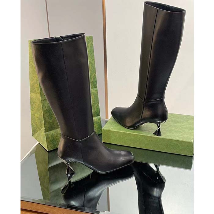 G*u*i women gg boot black leather geometric heel metal inserts mid-heel