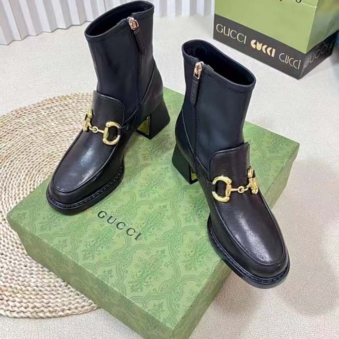 G*u*i women gg boot horsebit black smooth leather stretch leather mid 5.3 cm heel